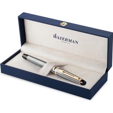 Waterman Expert Paslanmaz Çelik Altın Tasarımlı Dolma Kalem, Orta Kalınlıkta Uç, Mavi Mürekkep