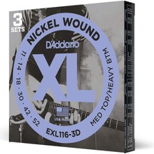 D'addario EXL116 Nikel Sargı Elektrikli Gitar Teli, Orta Üst/ağır Alt, 11-52, 3 Set (EXL116-3D)