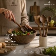 Elite Wood El Yapımı Ceviz Ağacı Kaşık Seti 4 Parça 31 cm | Doğal Ahşap Servis ve Salata Kaşıkları