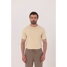 Sabri Özel Krem %100 Pamuk Bisiklet Yaka Düz Renk Basic T-Shirt