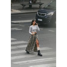 It's Basic Kadın Sarı Gri Ekose W6-34 Maxi Boy Kemer Detaylı Özel Tasarım Etek