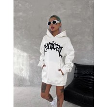 Vexor Kadın Oversize Kapüşonlu Cepli Baskılı 3 Iplik Pamuklu Hoodie Sweatshirt - Beyaz