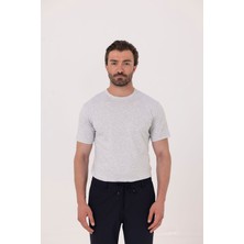 Sabri Özel Açık Gri %100 Pamuk Bisiklet Yaka Düz Renk Basic T-Shirt