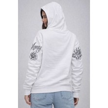 Vexor Kadın 3 Iplik Pamuklu Kapüşonlu Baskılı Sweatshirt Hoodie - Beyaz