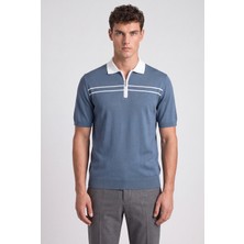Sabri Özel Mavi Regular Fit Örme Fermuarlı Polo Yaka Triko T-Shirt