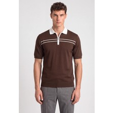 Sabri Özel Kahve Regular Fit Örme Fermuarlı Polo Yaka Triko T-Shirt