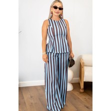 Muna Boutique Mavi Çizgili Bluz Pantolon Alt Üst Takım