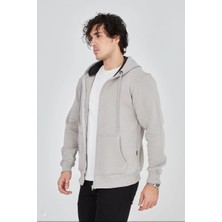 Vexor Erkek 3 Iplik Pamuklu Kapüşonlu Tam Fermuarlı Cepli Hoodie Sweatshirt - Boyalı Gri
