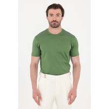Sabri Özel Yağ Yeşili %100 Pamuk Regular Fit Bisiklet Yaka Basic T-Shirt