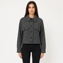 Neden Tekstil Kadın Siyah Beyaz Kazayağı Desenli Kısa Oversize Ceket