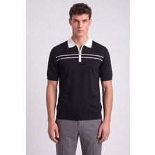 Sabri Özel Siyah Regular Fit Örme Fermuarlı Polo Yaka Triko T-Shirt