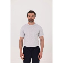 Sabri Özel Açık Gri %100 Pamuk Bisiklet Yaka Düz Renk Basic T-Shirt