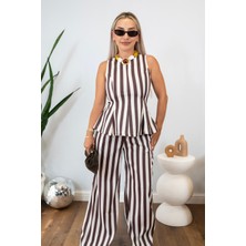 Muna Boutique Kahve Çizgili Bluz Pantolon Alt Üst Takım