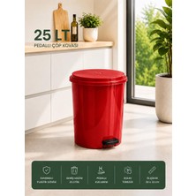 Lorempbox 25 Lt Pedallı Plastik Çöp Kovası Dayanıklı, Hijyenik Ev & Ofis Çöp Kutusu Kırmızı