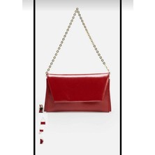 Özüm Çanta Bordo Çanta Deri Görünümlü Zincir Askılı Kadın El ve Omuz Çantası-Şık Portföy Clutch