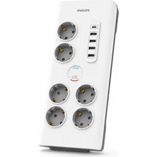 Philips SPN7060WA/62 6'lı Akım Korumalı Priz, 4x USB-A + 1x USB-C, 900J, 2 m Örgülü Kablo, Anahtarlı