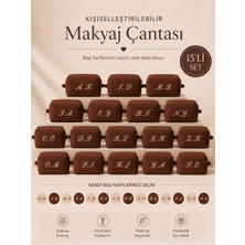 Beige & Stone Kahverengi Kişiye Özel Harf Nakışlı 15'li Pamuklu Hediyelik Kadın Makyaj Kozmetik ve Seyahat Çantası Seti