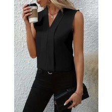 Lune Store Kadın Kolsuz V Yakalı Janjan Krep Bluz