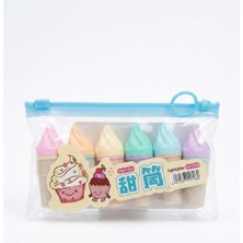 Dondurma Tasarımlı 6'lı Mini Pastel Fosforlu Kalem Seti - Şeffaf Çantalı Sevimli Kawaii Işaretleme Kalemi