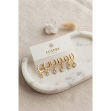 Havor Kalp Zirkon Taşlı Gold Renk Pirinç Set Küpe
