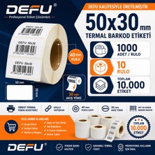 Defu® 50X30 mm Termal Barkod Etiketi 1000 Lik Rulolar 10 Rulo Toplam 10.000 Adet 40MM Kuka