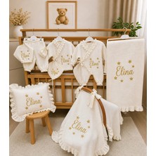 Moda Lime Kişiye Özel 10’lu Müslin Hastane Çıkışı Seti – Elina Temalı, Altın Yıldız Nakışlı, %100 Pamuklu