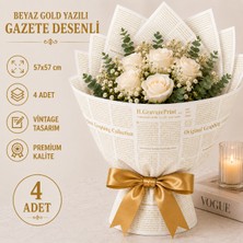 Çınarasyada Home Beyaz Gold Ingilizce Gazete Desenli Buket Ambalaj Kağıdı 57X57 cm Çiçek ve Hediye Paketi 4 Adet
