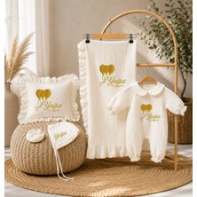 Moda Lime Isme Özel Gold Balon Temalı 5'li Hastane Çıkışı Seti - 4 Kat Müslin Yenidoğan Erkek Bebek Seti (Tulum, Battaniye, Yastık Kılıfı, Şapka, Eldiven)
