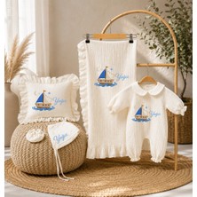 Moda Lime Isme Özel Ayıcık Temalı baskılı  5'li Hastane Çıkışı Seti - 4 Kat Müslin Yenidoğan Bebek Seti (Tulum, Battaniye, Yastık Kılıfı, Şapka, Eldiven)