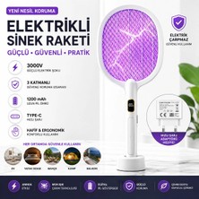 Byanes Şarjlı Sinek Raketi USB Type-C Elektrikli Standlı Sivrisinek Öldürücü El Tipi Mor Işıklı Dijital Ekranlı