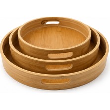 Naturel Dekor Bambu Kendinden Kulplu 3’lü Yuvarlak Tepsi Seti - Dekoratif, Bohem, Iskandinav, Modern