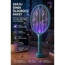 Byanes Yeşil Şarjlı Elektrikli Sinek Öldürücü Raket Mor Işıklı Masaüstü Standlı USB Şarjlı 2 Modlu Sinek Kovucu