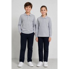 Fevien Unisex Çocuk Gri Melanj Uzun Kollu Polo Yaka Düz Renk Basic Tişört - Rahat Pamuklu Kumaş Günlük ve Okul Kullanımına Uygun