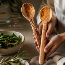 Elite Wood 25 cm Zeytin Ağacı Kaşık 2 Adet | El Yapımı Doğal Ahşap Kaşık | Yemek ve Servis Kaşığı | Mutfak Gereci