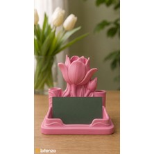 Bitenzo 3D  Çiçek Temalı Masaüstü Kartvizit Standı - Lale Figürlü Çiçekçi Banko Kartvizitlik - Pembe