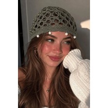 Kokoş Yeşil Renk Inci Detaylı Örgü Saç Bandana