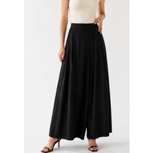 Warasiva Kadın Siyah %100 Tencel Beli Lastikli Çift Cepli Etek Görünümlü Pantolon