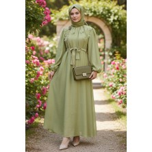 Stil Kuşağı Kadın Çağla Yeşili Çiçekli Taşlı Tül Elbise Beli Kemerli