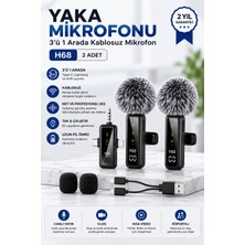 Yenilig Kablosuz Yaka Mikrofonu H68 3'ü 1 Arada Type-C Lightning Aux Çift Mikrofon Gürültü Engelleme Siyah