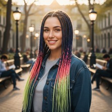 Hsc Bilişim Afrika Örgüsü ve Rasta Için Sentetik Ombreli Saç - Mor / Pembe / Açık Fıstık Yeşili