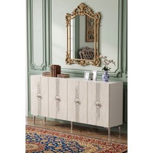 Yumedi Design KA1543BTS - Uygun Konsol, Tv Sehpası, Çok Amaçlı Dolap ve Kahve Köşesi 150CM Beyaz-Traverten-Silver