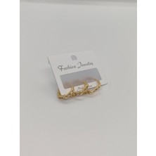 Cadde Dükkanı Gold Renk Baget Zirkon Taşlı 3'lü Köşeli Kombin Halka Küpe Seti