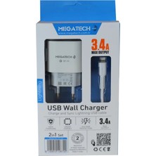Megatech Cc-03 (MT-CL34) 3.4A Lightning USB Kablo + Ev Şarj Adaptörü Hızlı Şarj (Kdo)