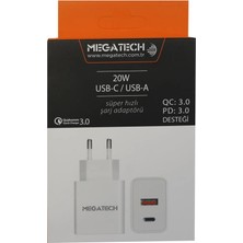 Megatech 20W Beyaz Usb-C Usb-A  Şarj Kafa Qc:3.0-Pd:3.0 (Kdo)