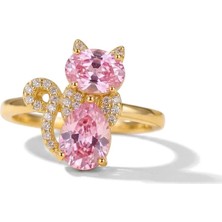 Fashion Pembe Zirkon Taşlı Kedi Figürlü Ayarlanabilir Kadın Yüzük