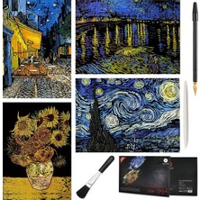 OEM Scratch Art Tablo 4 Parça Vincent Van Gogh Çizik Gökkuşağı Kağıt Seti Yetişkinler ve Çocuklar Için, Kendin Yap Eskiz Kartı Gravür Zanaat Gece Görüşü Kazı Tahtası 4 Aletli - Kafe Terası, Ayçiçekleri,