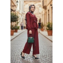 Stil Kuşağı Kadın Bordo Önü Bağlamalı Çilek Kumaş İkili Takım Pantolon
