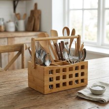 OEM 4 Bölmeli Saplı Doğal Bambu Çatal Bıçak Sepeti - Çok Amaçlı Masaüstü Organizer Mutfak Düzenleyici ve Kalemlik Standı (23X15 Cm)