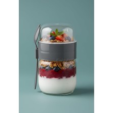 OEM Kaşıklı Çatallı Cam Öğün Bardağı - Yemek Taşıma ve Saklama Kabı - Müsli Kabı 625 ml Antrasit, 7480000717855