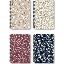 OEM Mini Çiçekler Tasarım 4'lü Defter Seti - A5 Boyut, Çizgisiz, Tel Spiralli - Günlük, Ajanda, Okul ve Anı Defteri